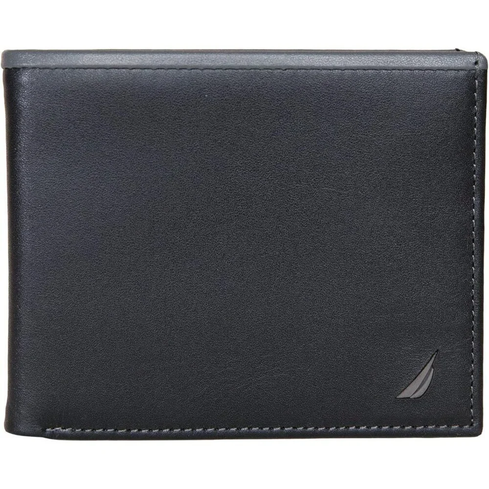 Men's Black/Grey Bifold Leather Wallet RFID Blocking ID Window Card Slots